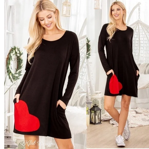 LAST 2! Very Soft Heart Patch Black Pocket Dress! - Picture 5 of 12